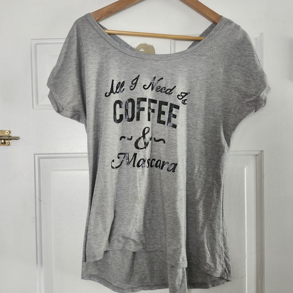 Casual Gray Tee with Coffee & Mascara Design